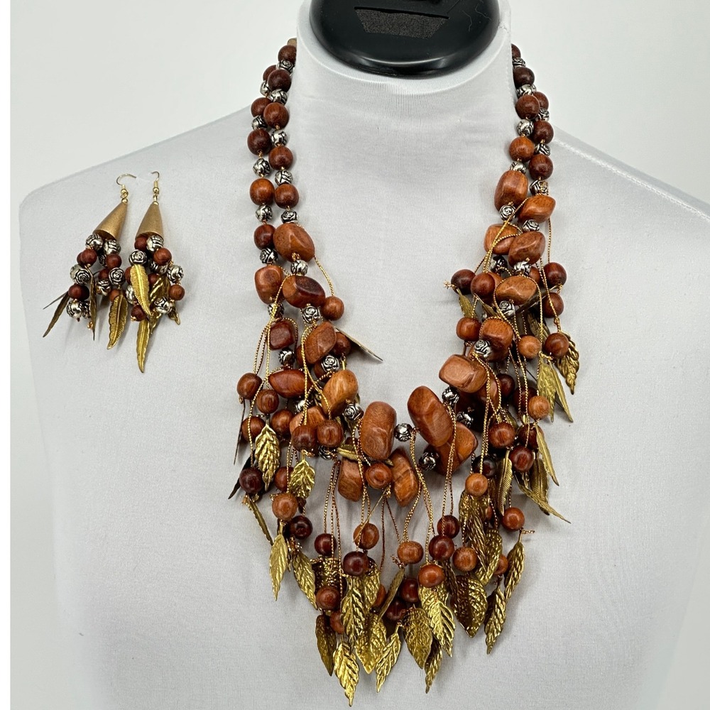 Statement Wood Bead Necklace Earrings Set Gold Leaves Costume Jewelry